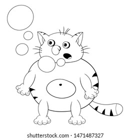 Funny cartoon red cat stands, hiccups and lets bubbles out of his mouth. Funny coloring in the style of comics.