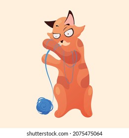 Funny cartoon red cat thoughtfully playing with a ball of thread