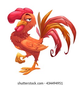 Funny cartoon red cock, comic rooster character, standing on the one leg, isolated on white, vector illustration