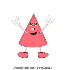 Funny cartoon red cone with eyes, arms and legs, demonstrates the emotion of joy and raises his hands up.