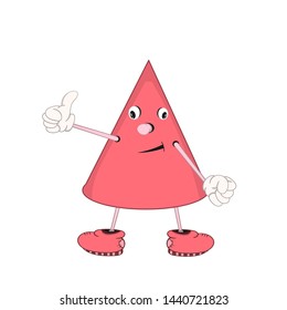 Funny cartoon red cone with eyes, arms and legs, shows emotion and shows a sign very well with his thumb.