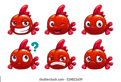 Funny cartoon red fish character with different emotions on the face. Vector set. Isolated on white.