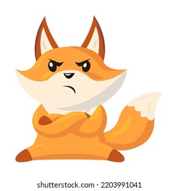 Funny cartoon red fox with emotion. Cute baby animal angry and sad. Vector illustration