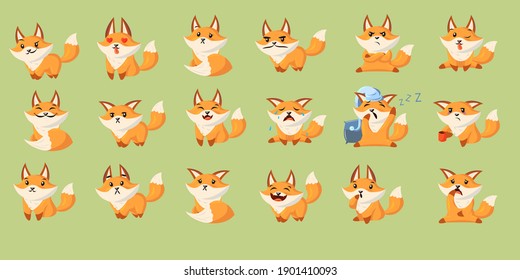 Funny Cartoon Red Fox With Set Of Various Emotions. Cute Baby Animal Smiling, Crying, Laughing, Sleeping, Feeling Happy, Angry, Sad. Vector Illustration For Mobile App, Sticker, Kids Print Design