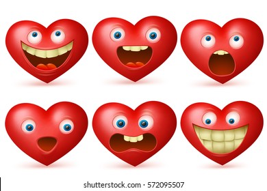 Funny cartoon red heart character emoji set, vector icons, isolated on white