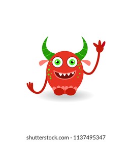 Funny cartoon red horned  laughing monster isolated on white