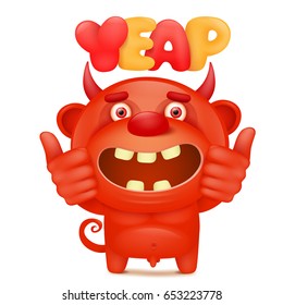 Funny cartoon red little devil emoji character with yeap title. Vector illustration