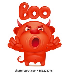 Funny cartoon red little devil emoji character with boo title. Vector illustration