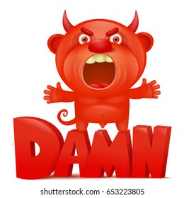 Funny cartoon red little devil emoji character with damn title. Vector illustration