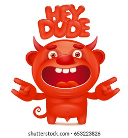 Funny cartoon red little devil emoji character with hey dude title. Vector illustration