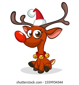 Funny cartoon red nose reindeer character.  Christmas vector illustration isolated