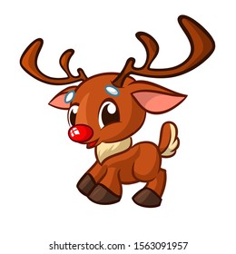 Funny cartoon red nose reindeer character.  Christmas vector illustration isolated
