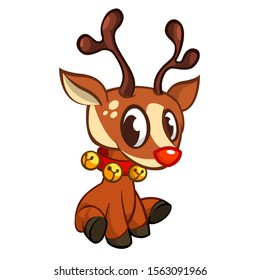 Funny cartoon red nose reindeer character.  Christmas vector illustration isolated