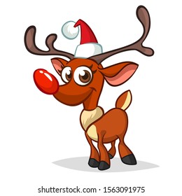 Funny cartoon red nose reindeer character in Santa hat.  Christmas illustration isolated