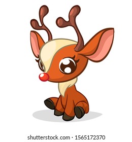 Funny cartoon red nose reindeer character.  Christmas vector illustration isolated