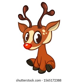 Funny cartoon red nose reindeer character.  Christmas vector illustration isolated