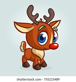 Funny cartoon red nose reindeer character.  Christmas vector illustration