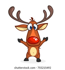 Funny cartoon red nose reindeer character excited waving hands.  Christmas vector illustration isolated