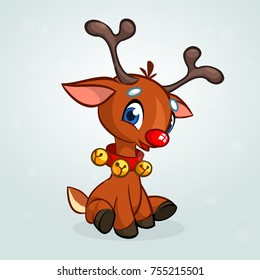 Funny cartoon red nose reindeer character wearing beells oh his neck and sitting  Christmas vector illustration