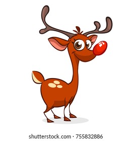 Funny cartoon red nose reindeer character.  Christmas vector illustration