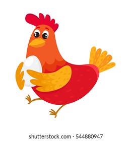 Funny cartoon red and orange chicken, hen standing and holding egg, cartoon vector illustration isolated on white background. Cute and funny colorful chicken, fire rooster