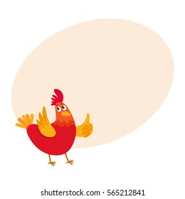 Funny cartoon red and orange chicken, hen pointing to something with wing, cartoon vector on background with place for text. Cute and funny colorful chicken looking and pointing to something