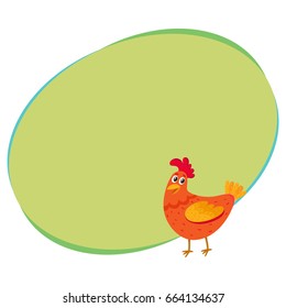 Funny cartoon red and orange chicken, hen standing and smiling happily, cartoon vector illustration with space for text. Cute and funny colorful chicken, fire rooster