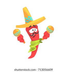 Funny cartoon red pepper character wearing sombrero shaking maracas, mexican traditional humanized food in traditional clothes playing music vector Illustration