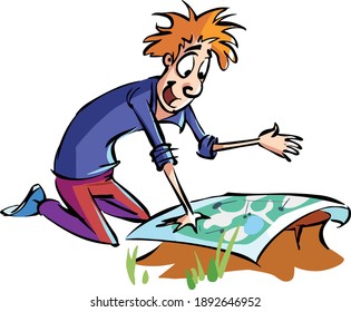 Funny cartoon red-haired man sitting on the ground and studying the map
