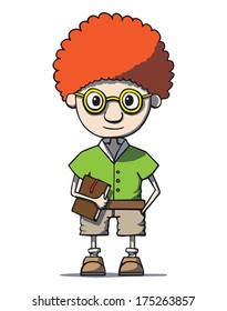 Funny cartoon redhead nerd genius in glasses with book