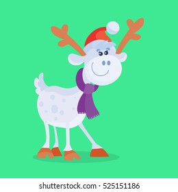 Funny cartoon reindeer icon. Cute deer character in Santa hat and scarf isolated flat vector illustration. Celebrating Merry Christmas, Happy New Year concept. For Christmas greeting card, invitation