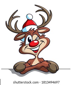 funny cartoon reindeer, smiling and presenting something, isolated above white