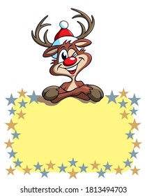 funny cartoon reindeer, smiling and presenting something above a board with christmas stars