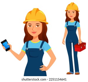 divertida reparadora de caricaturas o trabajadora de construcción con sombrero de seguridad. Muchacha con pantalones de trabajo azules sosteniendo una caja de herramientas o un teléfono móvil, lista para llamadas de clientes. Aislado en blanco.