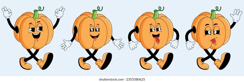 Funny cartoon retro halloween pumpkin characters. Happy Halloween. Modern groovy illustration.