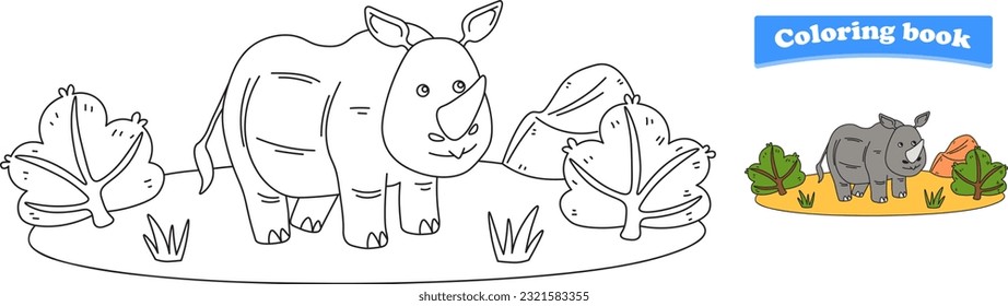 Funny cartoon rhino. Coloring pages. Vector illustration