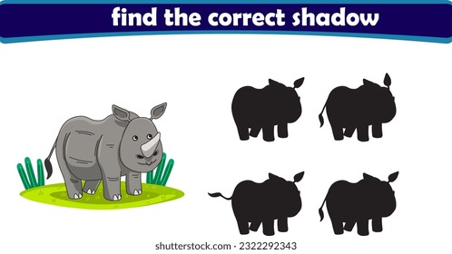 Funny cartoon rhino. find the correct shadow. Kids Education games. Cartoon vector illustration