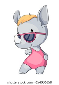 Funny cartoon rhino posing in summer clothes. Rest on the beach. 