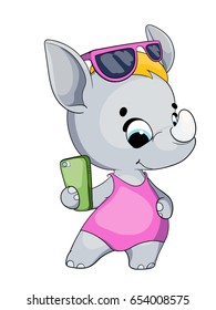Funny cartoon rhino posing in summer clothes. Rest on the beach. Posing for selfies