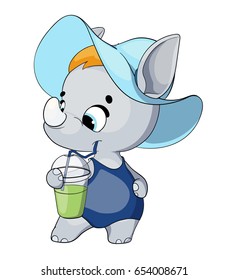 Funny cartoon rhino posing in summer clothes. Rest on the beach. 