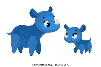 Funny cartoon rhinoceros. Mom and baby. Vector illustration for children's books, t-shirt prints, posters, stickers or decor