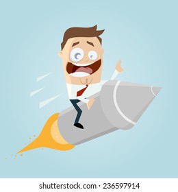 funny cartoon riding on a rocket
