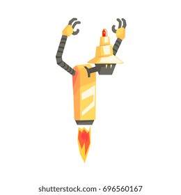 Funny cartoon robot character with booster taking off vector Illustration
