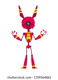 Funny cartoon robot. Cute retro robot. Robotic for children. Friendly android robot character with arms. Toy character future artificial robotics machine cyborg vector illustration