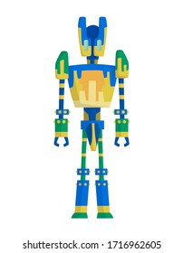 Funny cartoon robot. Cute retro robot. Robotic for children. Friendly android robot character with arms. Toy character future artificial robotics machine cyborg vector illustration