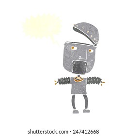 funny cartoon robot with open head with speech bubble