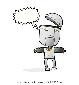 funny cartoon robot with open head with speech bubble