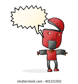 robot de caricatura divertido con cabeza abierta con burbuja de habla