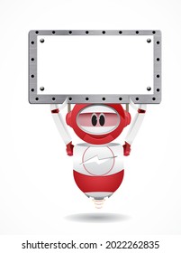 funny cartoon robot red white holding metal text banner
