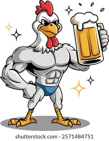 Funny cartoon rock chicken holding beer glass vector art illustration